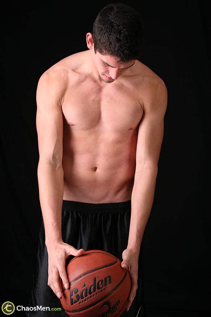 Sweet gay basketball player exposes his long cock and poses naked in a solo  