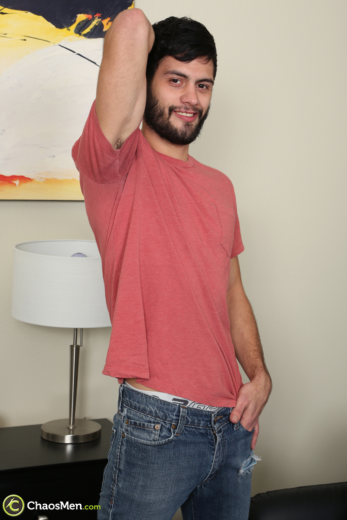Bearded gay Ansel loses his jeans and undies and pulls out his huge dick