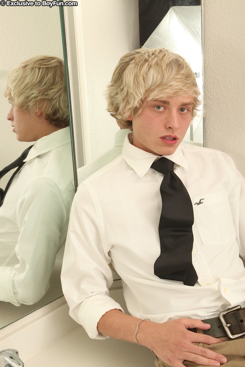 Blonde gay college boy Christian Robbins masturbating in front of the mirror  