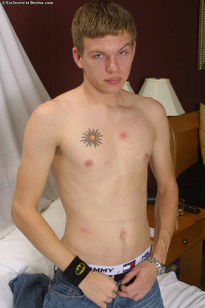 Blonde twink Jay 1 gives himself a handjob until he cums in a bedroom solo  