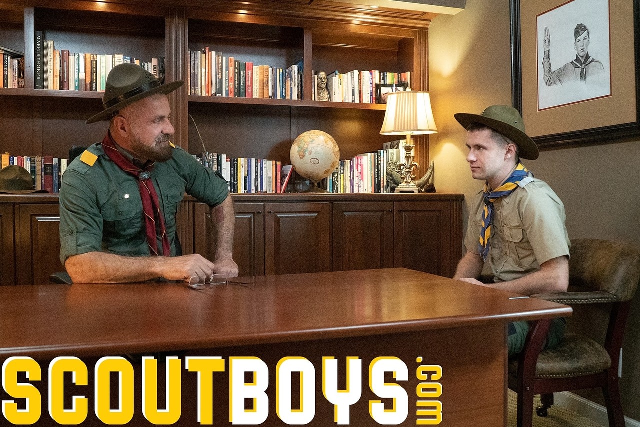 Horny bearded gay Scoutmaster Kamp strips and fucks younger guy Scout Maxx