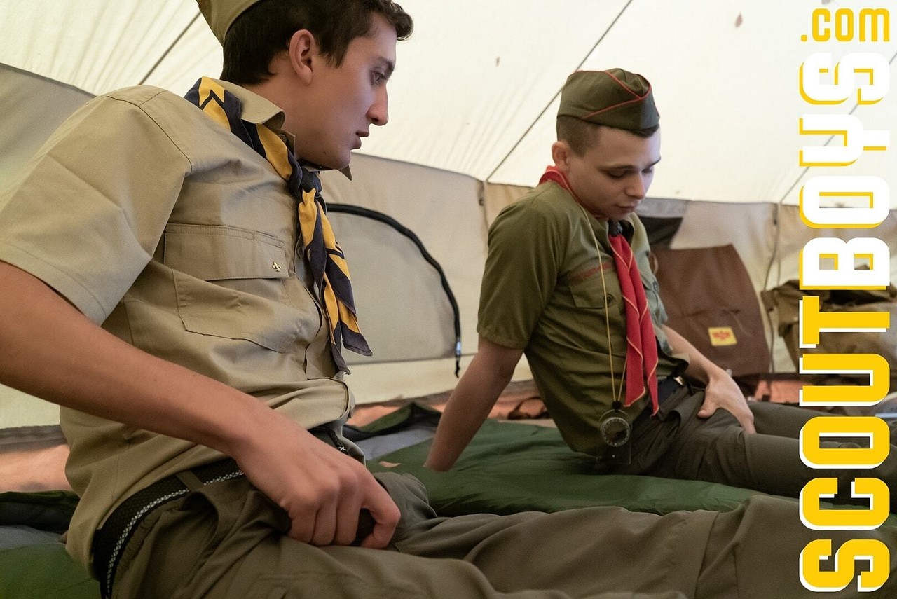 2 horny scout twinks spread their legs for their scoutmasters dick in a tent  