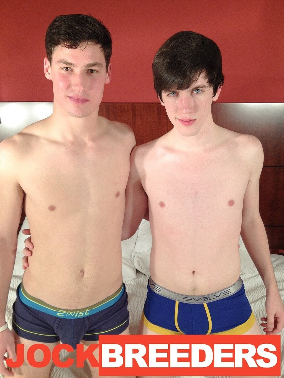 Slim brunette gay boyfriends Jesse Brooks and Landon Wright bang on their bed