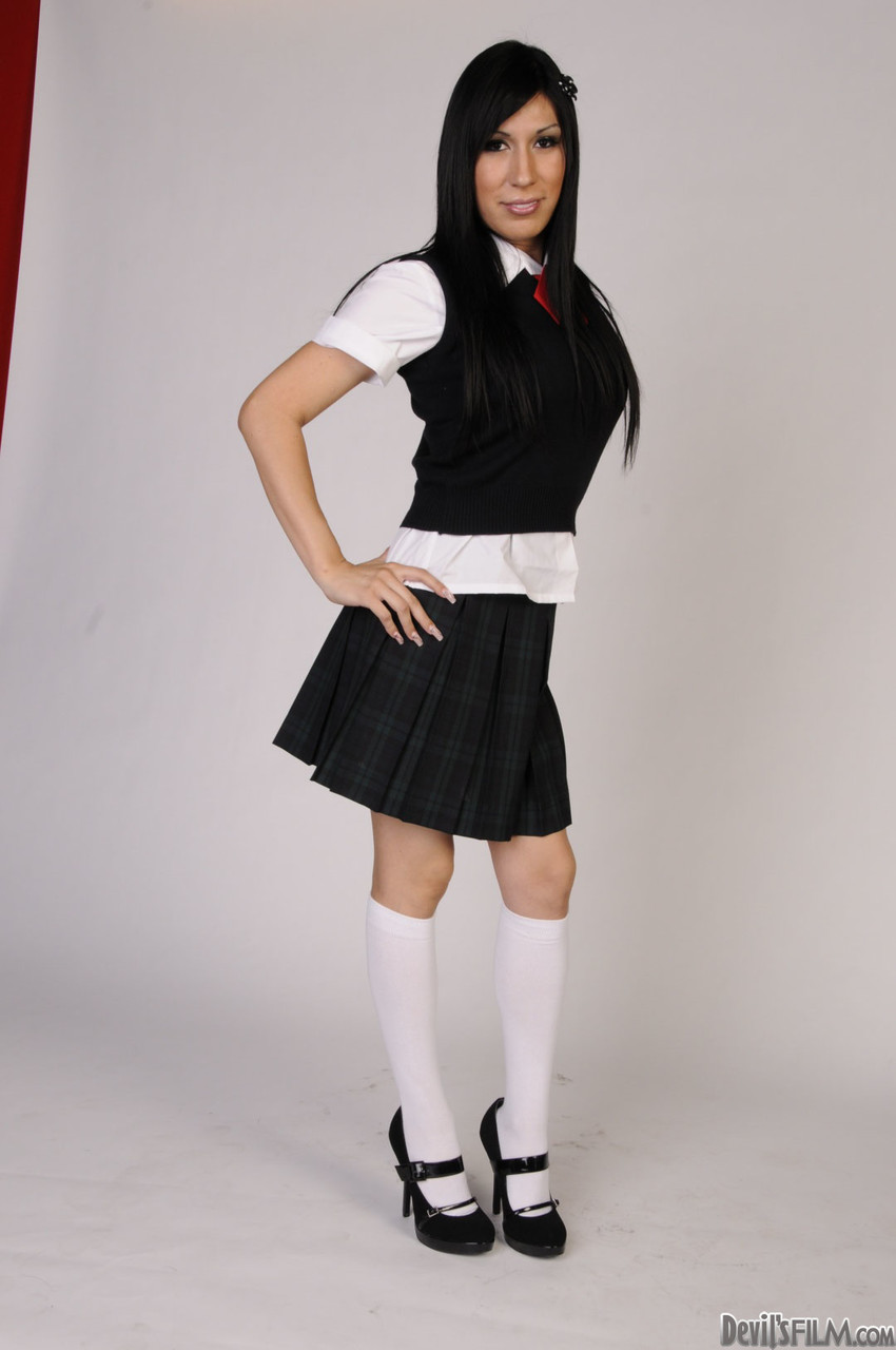 Brunette shemale in college uniform  