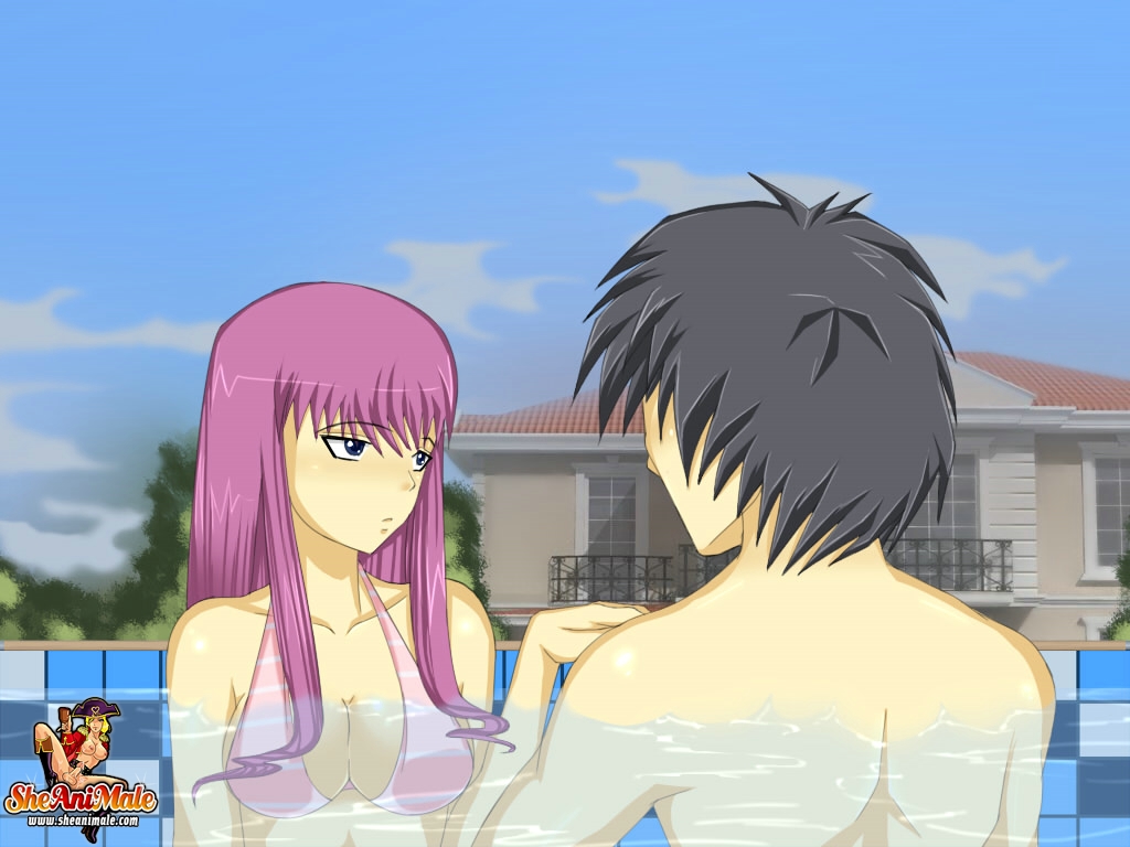 Animated purple haired shemale gets her asshole stuffed in the pool