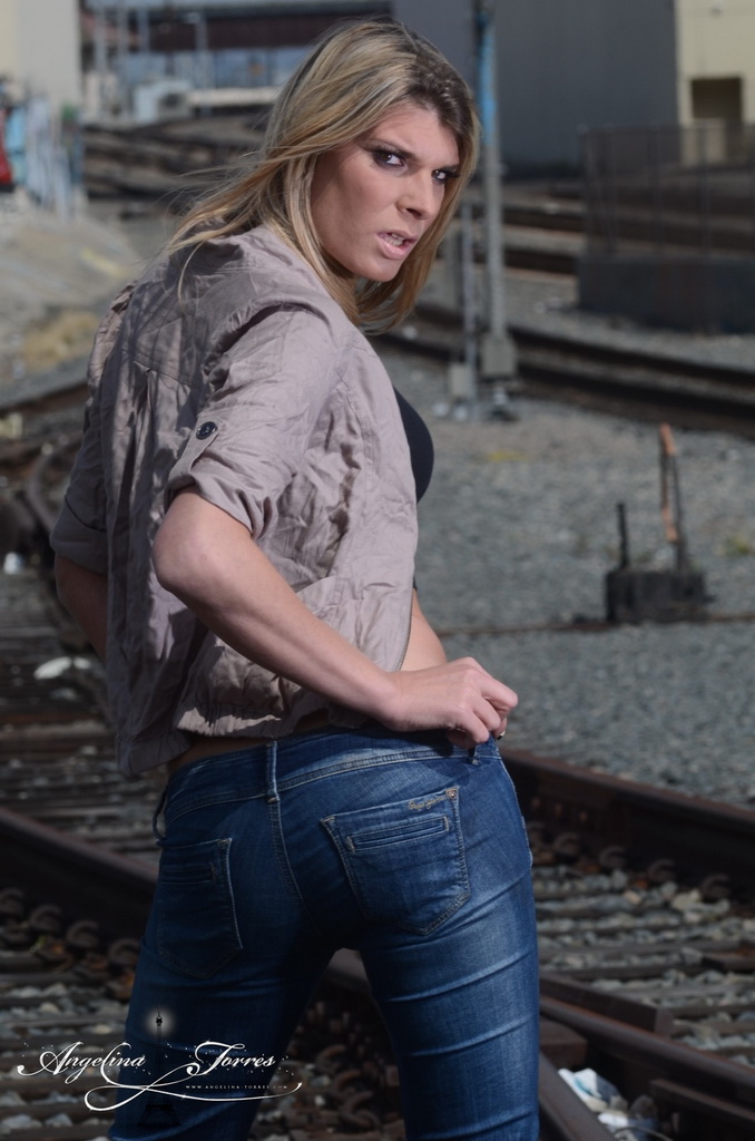 Hot Angelina teasing at the train tracks  