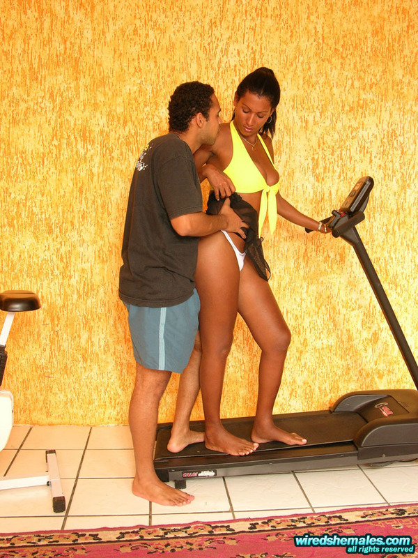 Pony tailed shemale showing new ass fucking exercises to hot guy in the gym