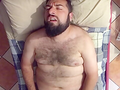 Big Hairy Bearded Bear Horny On The Bed Solo Jerk Off Moaning Orgasm Face. Beautiful Agony