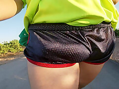 Tight Shiny Sport Shorts Bulging Routine (freeballing In A Public Place)